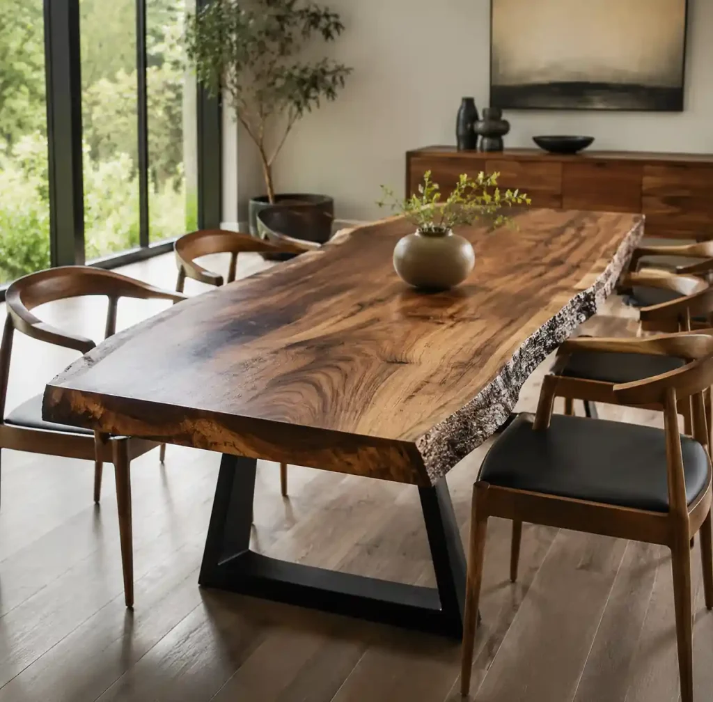 live edge wooden dining table showing natural tree edge and beautiful grain patterns