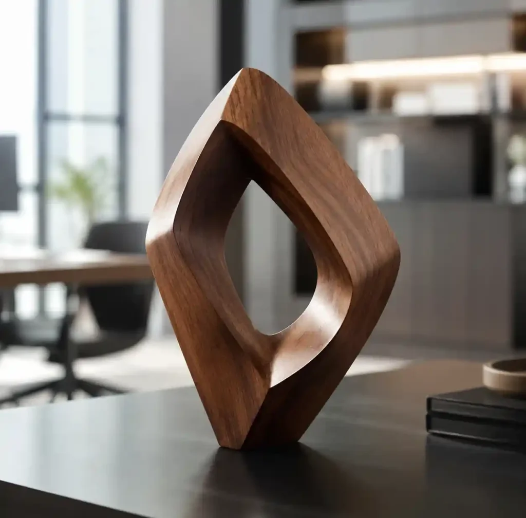 Contemporary abstract wooden sculpture in minimalist office