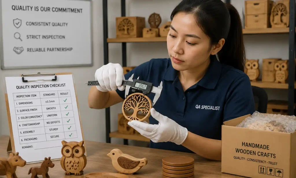 Quality inspector examining handcrafted wooden carving details with measurement tools