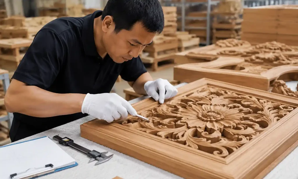 Quality control inspector examining handcrafted wooden products for detail accuracy and finish quality