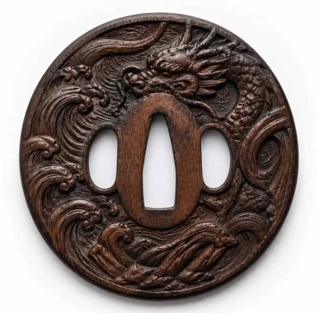 Hand-carved wooden tsuba guard showing traditional craftsmanship details