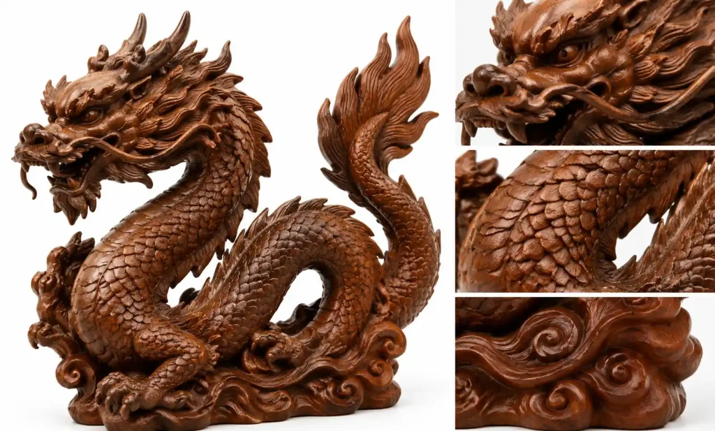 Traditional Chinese dragon wood carving showing cultural craftsmanship details