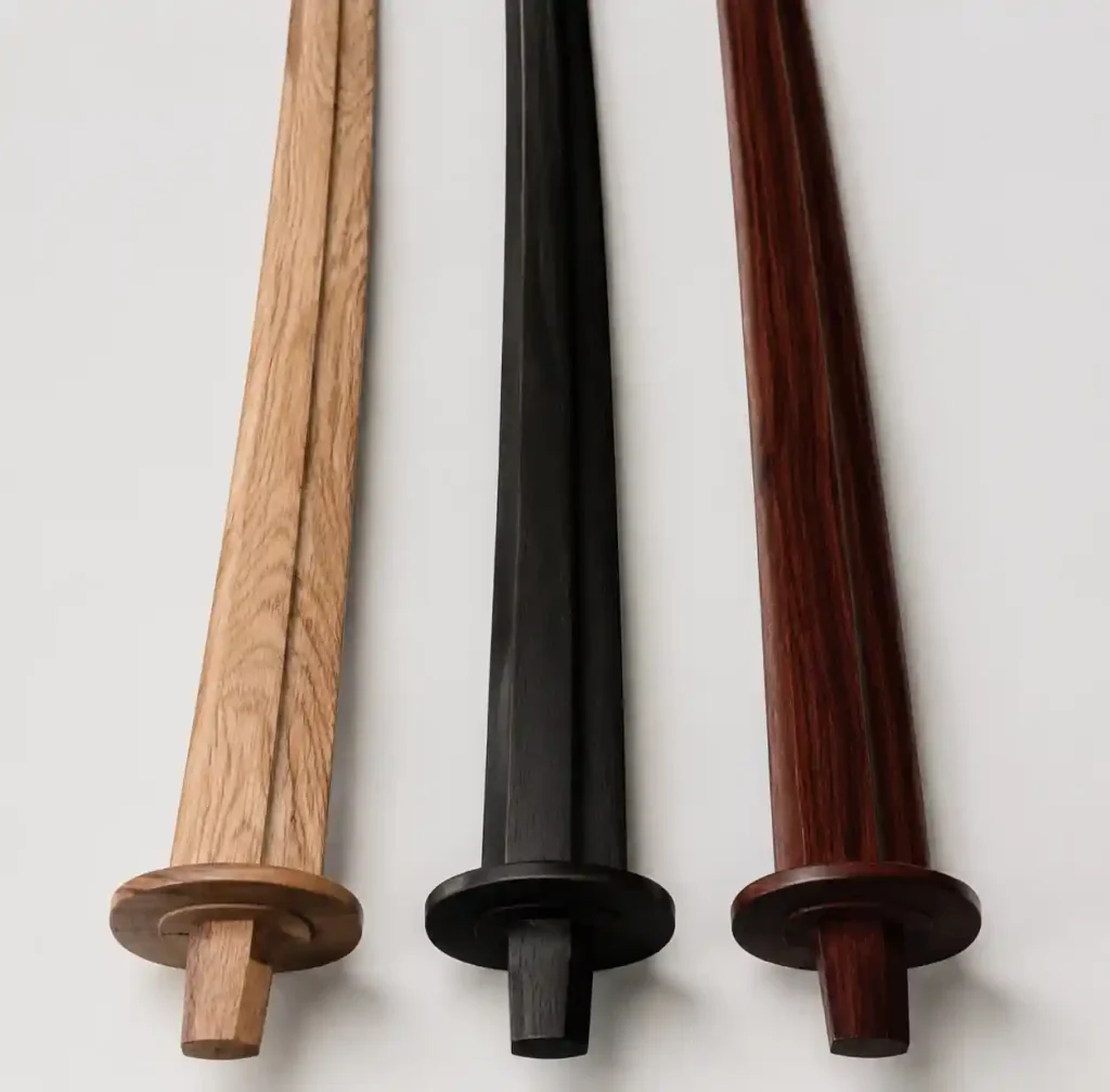 Different wood species comparison showing red oak, ebony, and rosewood wooden swords