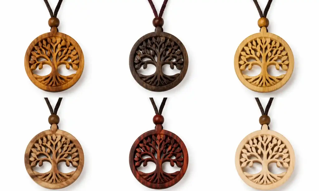 Side-by-side comparison of wooden pendants in different wood types