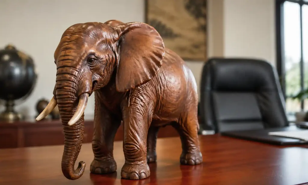 Hand-carved wooden elephant sculpture displayed in executive office setting