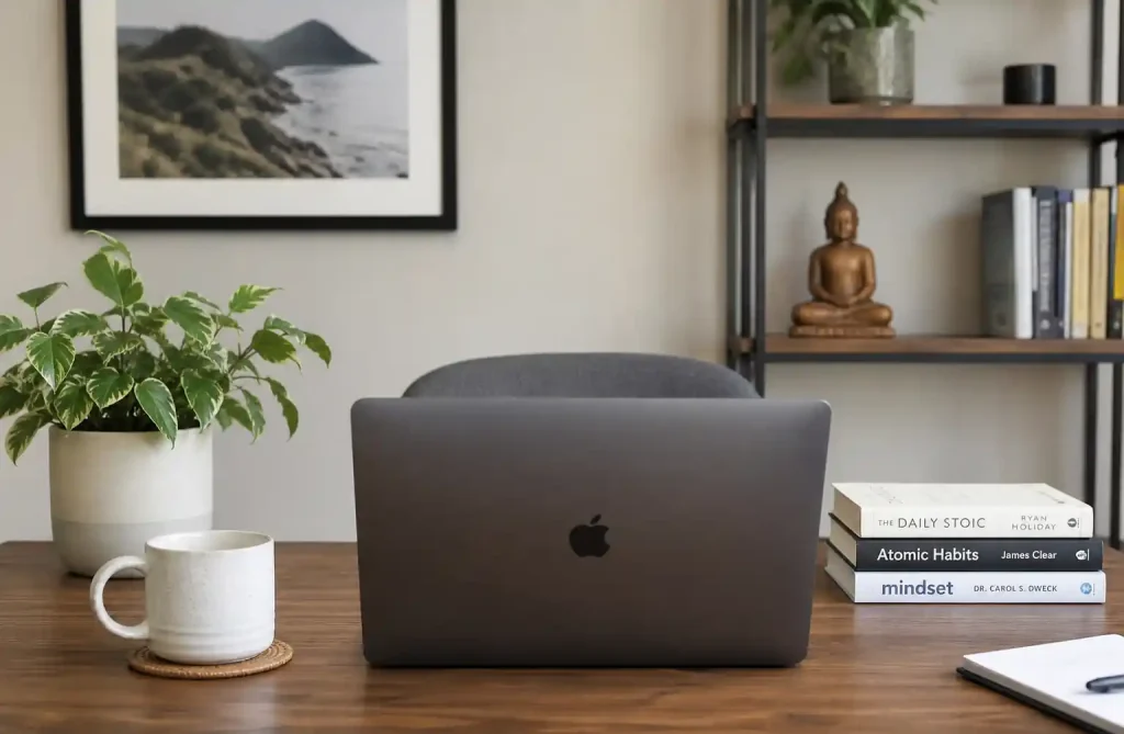 Home office setup with wooden figurine visible in video call background