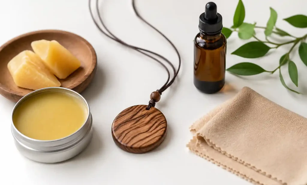 Natural wood care products including beeswax, soft cloth, and wood oil beside wooden pendant