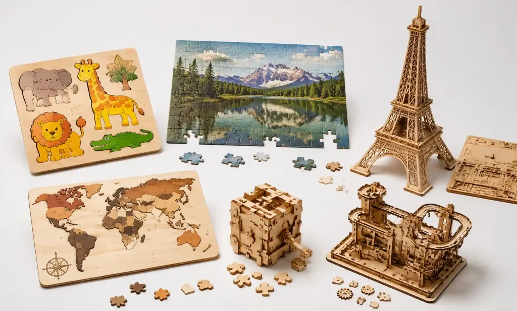 Range of wooden puzzles showing different complexity levels for various age groups