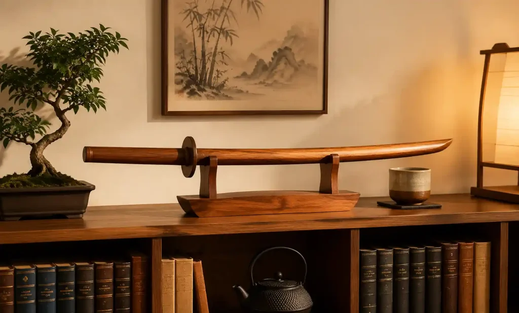 Wooden bokken displayed on traditional stand in styled home office with complementary decor