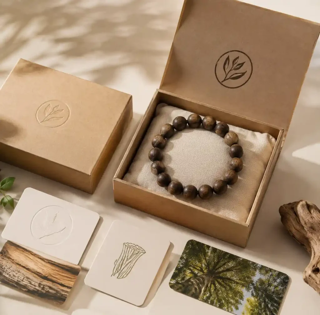 Premium agarwood bracelet gift packaging for wellness brands