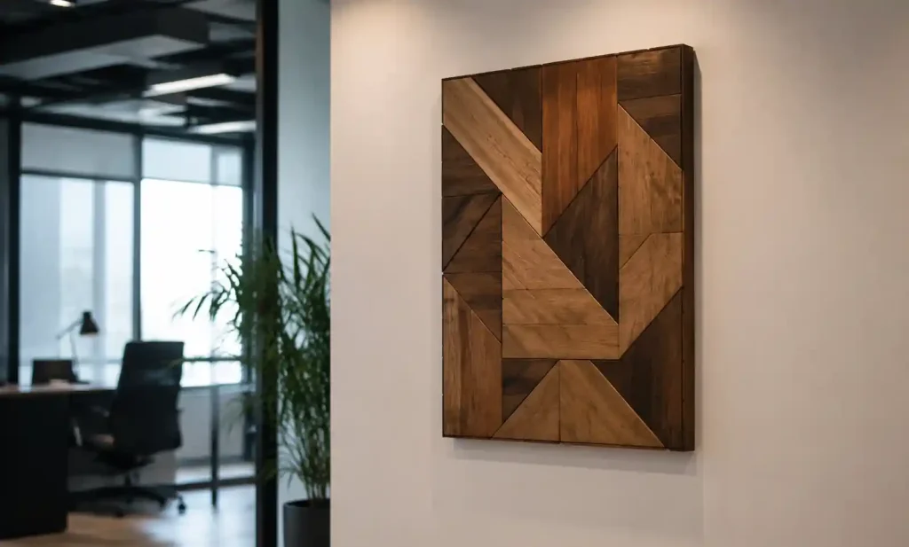 Wooden wall art panel with geometric design in modern office interior