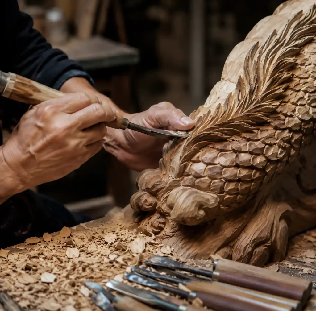 Skilled artisan hand-carving wooden sculpture with traditional tools