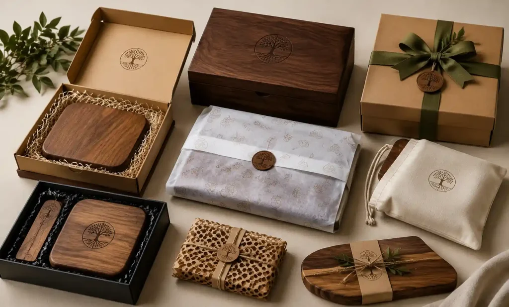Custom branded packaging for wooden products showing gift boxes and retail presentation options