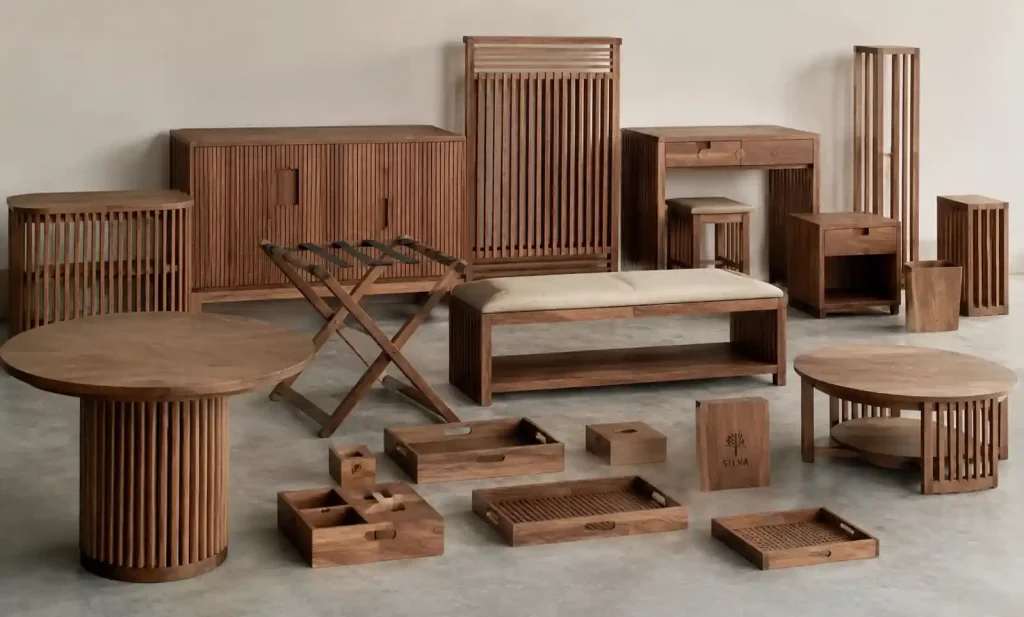 Coordinated set of custom wooden ornaments for commercial interior project