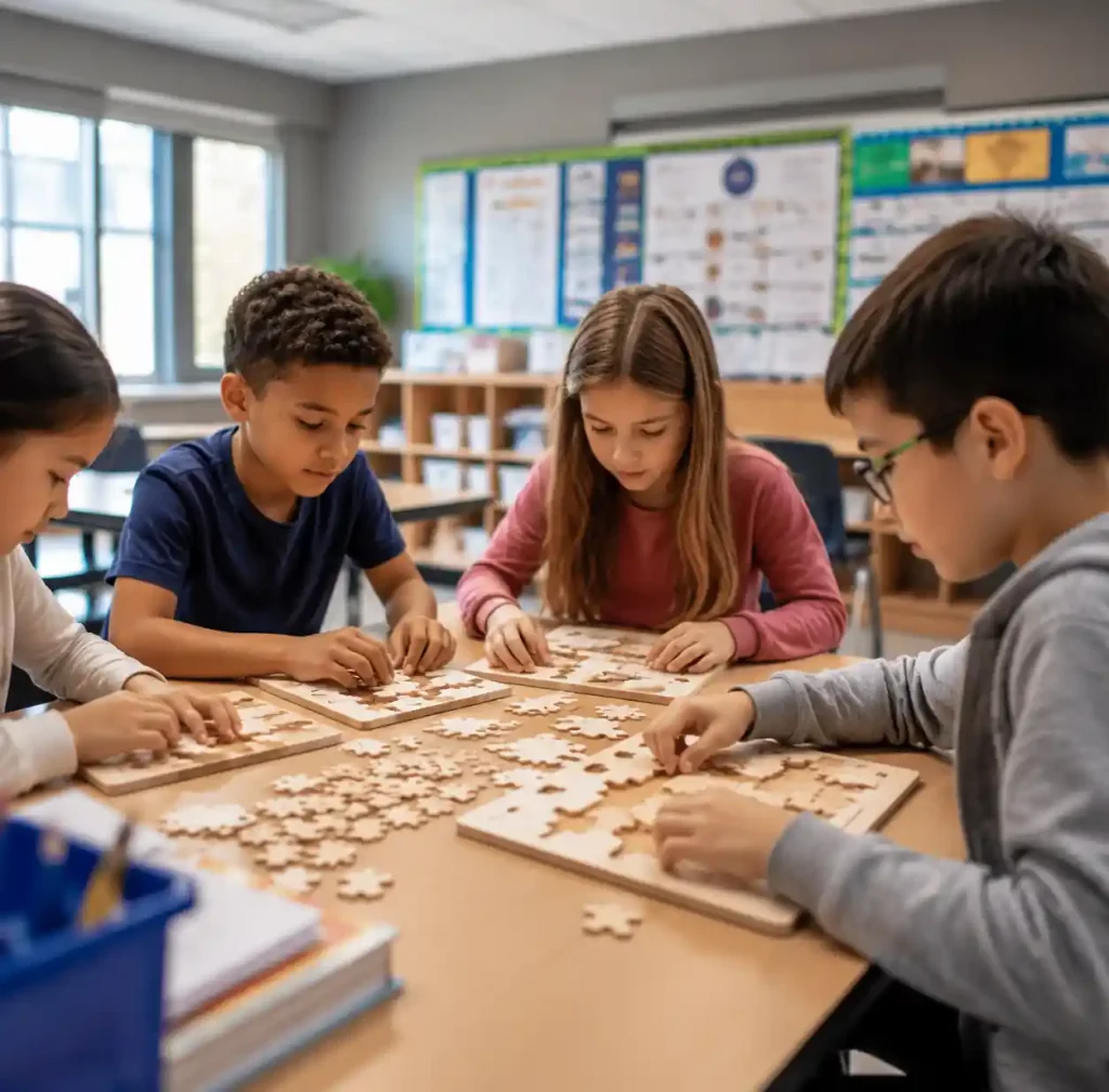 Students collaborating on wooden puzzle projects in classroom educational setting