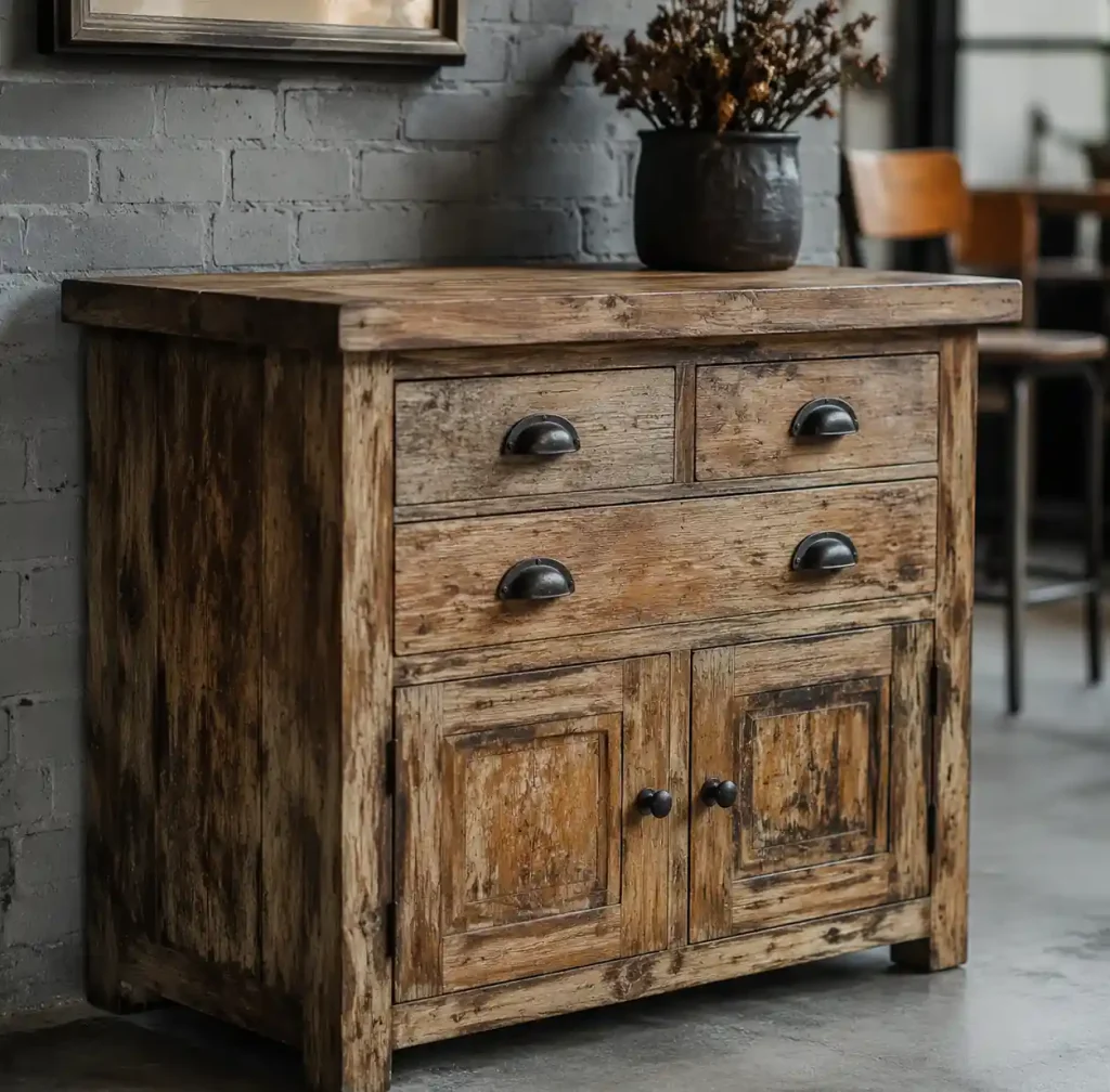 distressed vintage wooden furniture with aged patina showing industrial style finish techniques