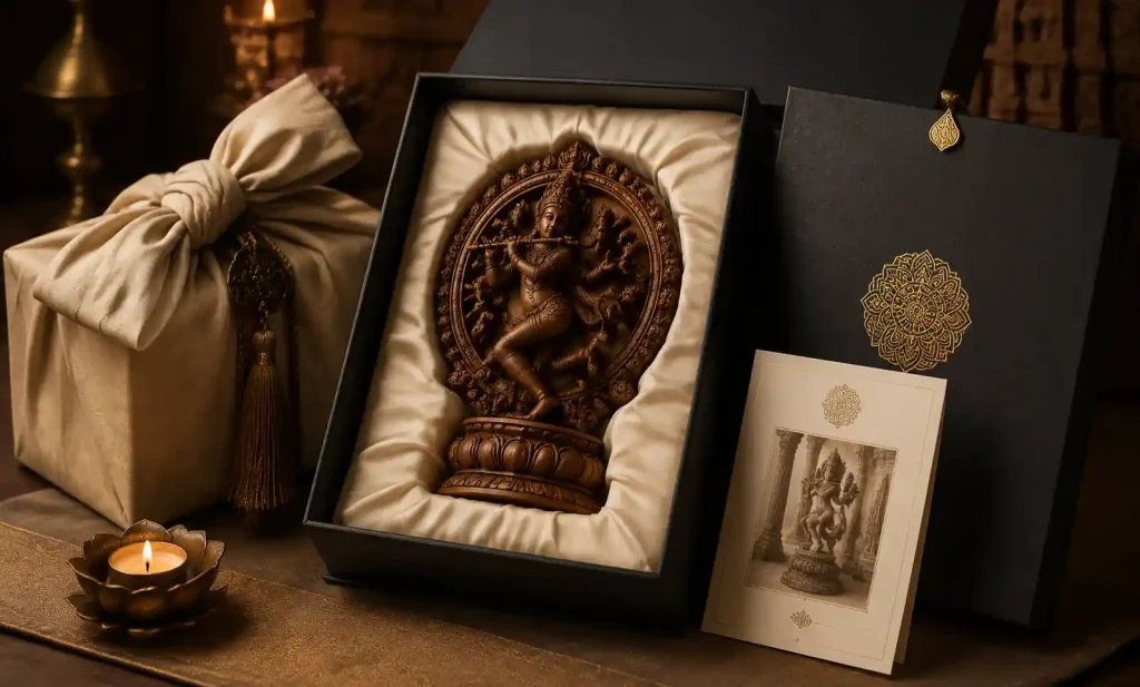Premium gift packaging for high-end wooden art piece with presentation box