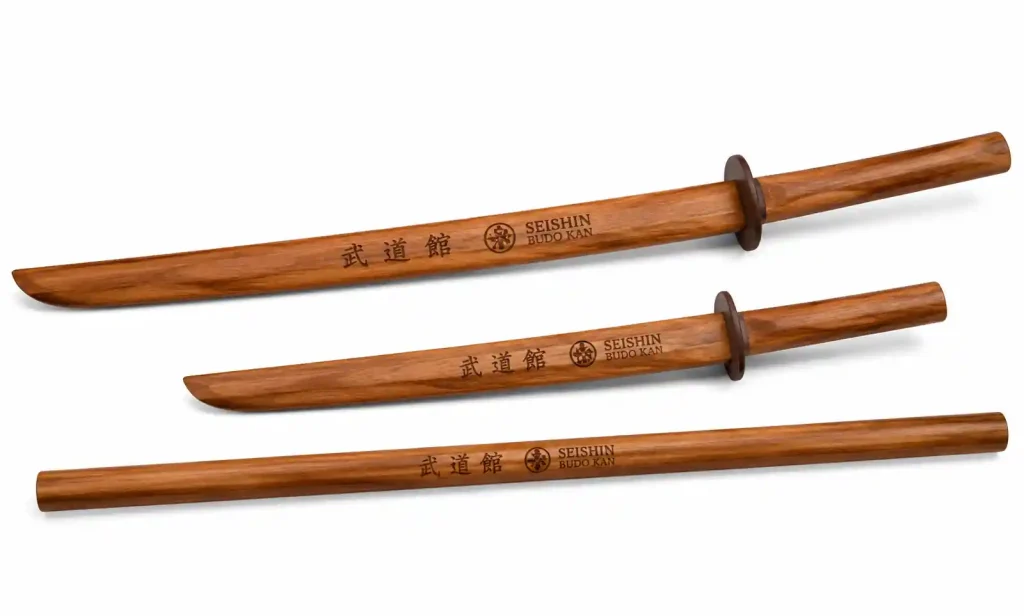 Custom wooden weapon set with martial arts school logo engraving