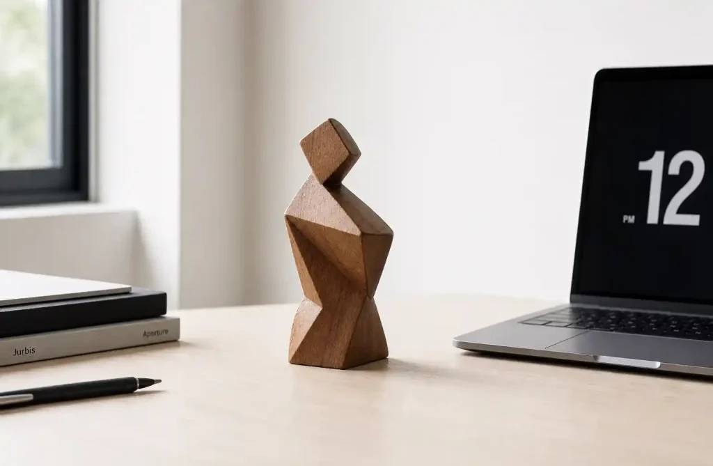 Single geometric teak sculpture on minimalist office desk