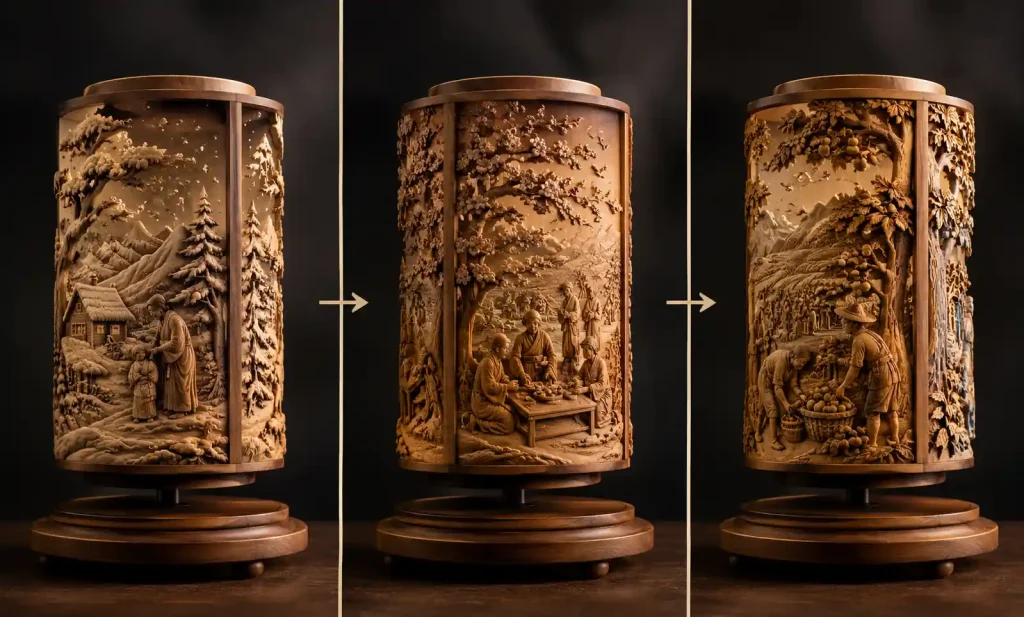Sequential views of rotating wooden sculpture showing different carved panels