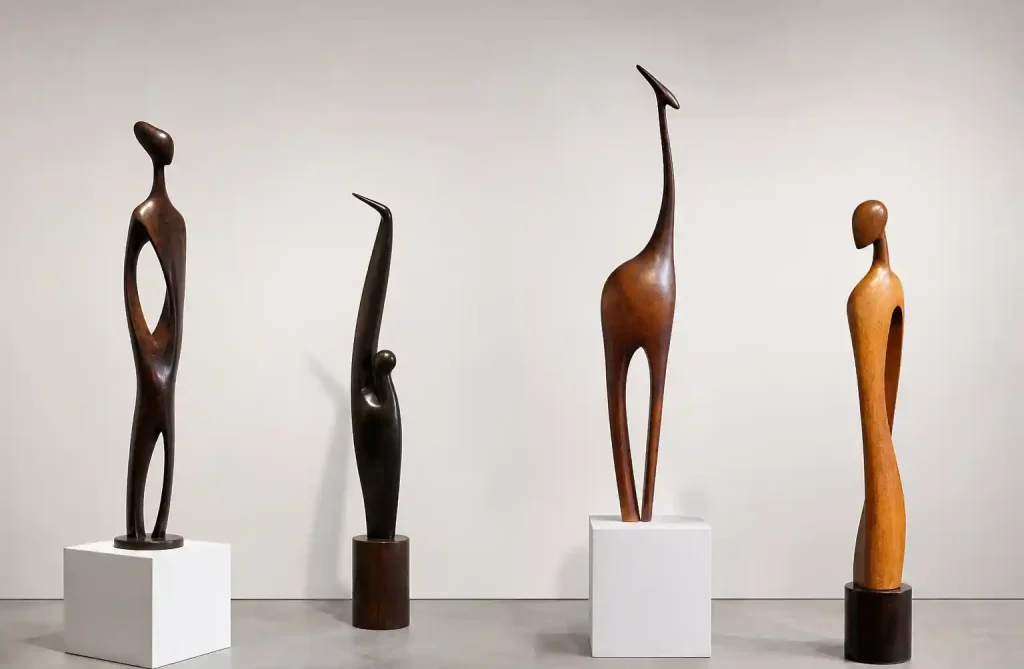 Contemporary Southern African wooden sculptures with modern design aesthetic and polished finish