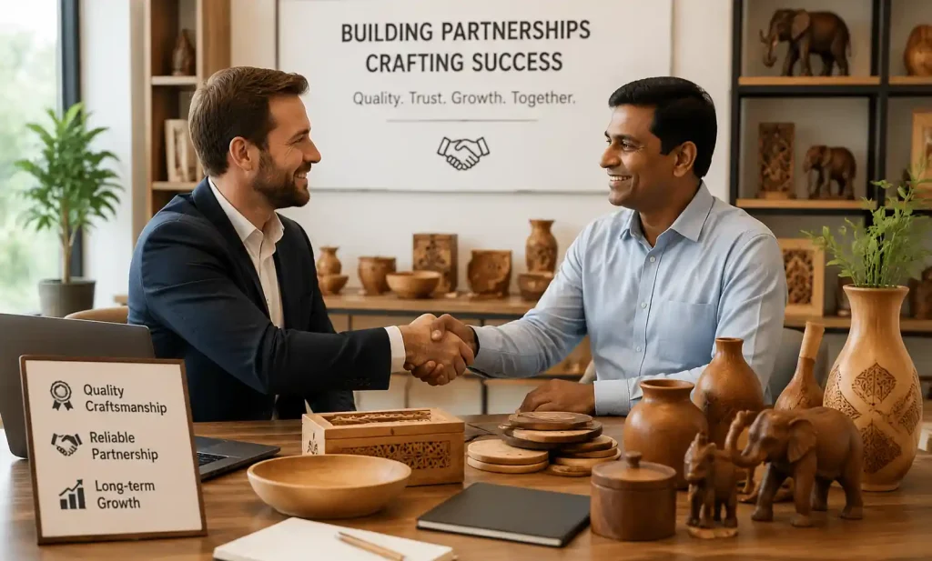 Successful B2B partnership between wholesale buyer and wooden crafts manufacturer