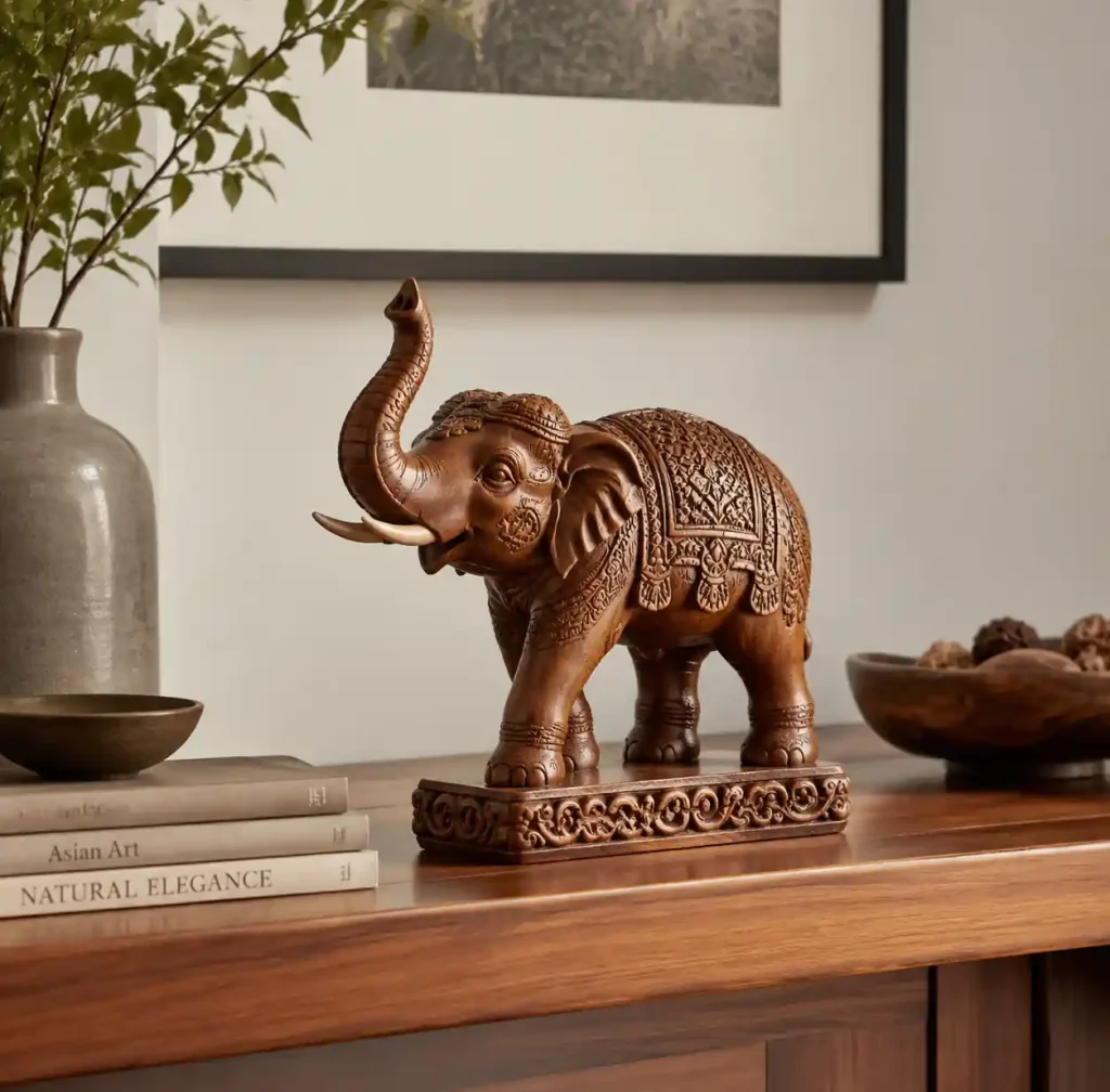 Handcrafted wood carving displayed in modern home interior setting