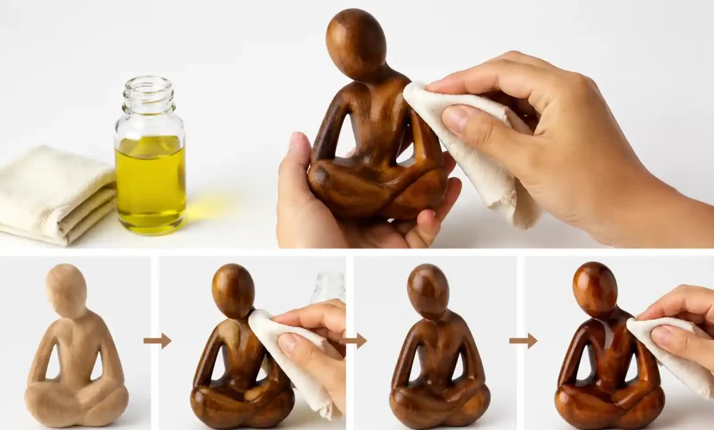 Applying conditioning oil to wooden figurine for maintenance