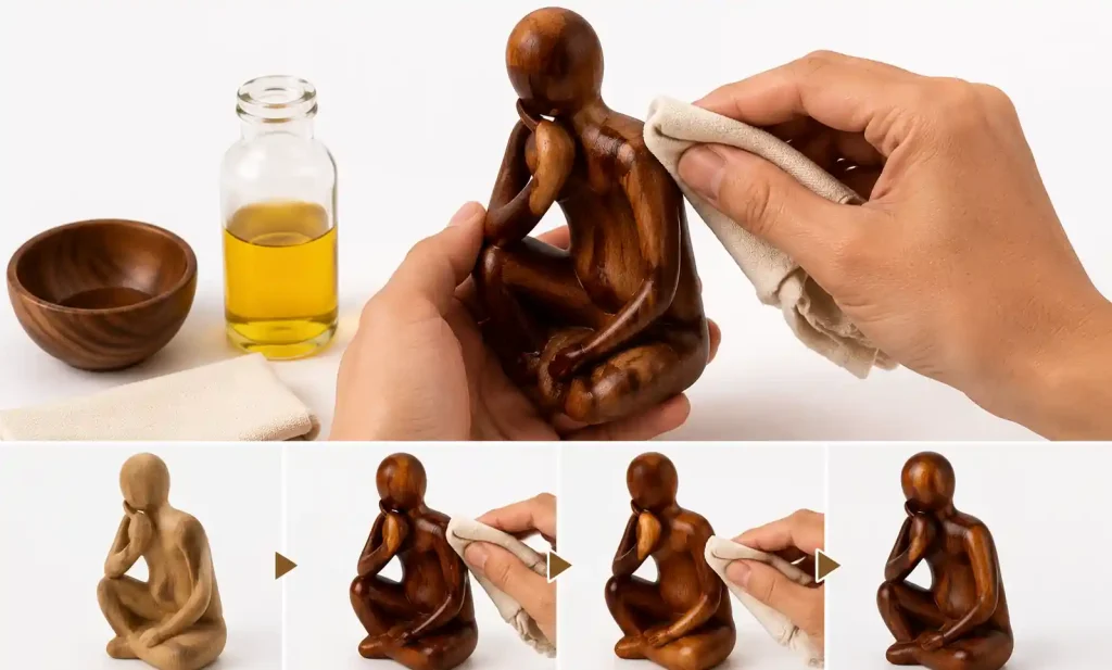 Applying conditioning oil to wooden figurine for maintenance
