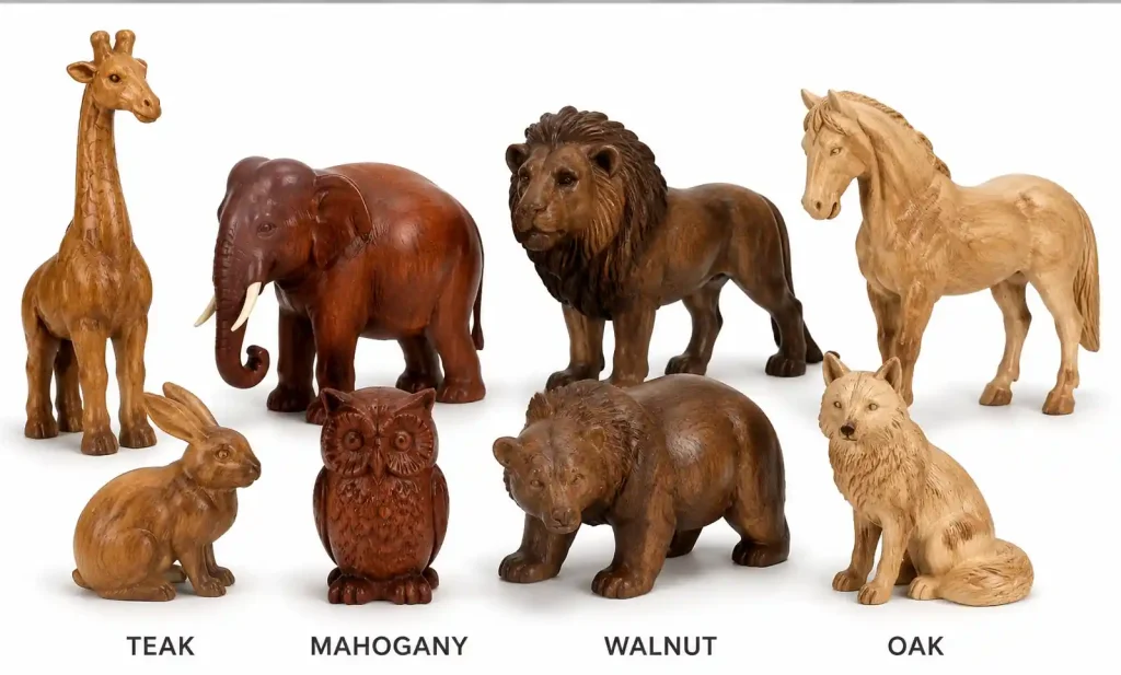 Collection of handcrafted wooden animal sculptures showing various wood species