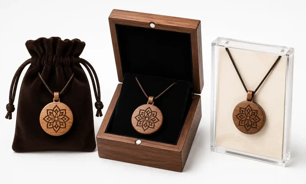 Wooden pendant presentation in premium gift packaging