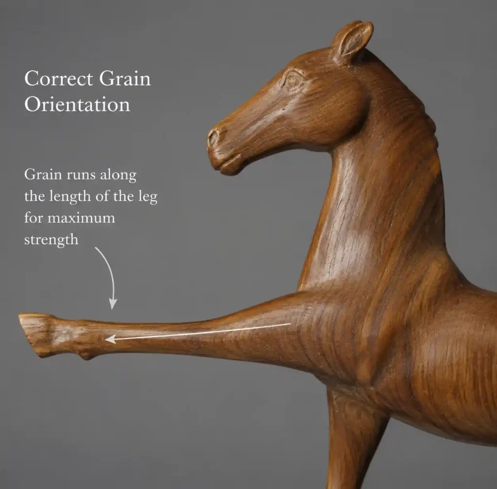 wooden animal sculpture showing proper grain orientation along vulnerable structural points