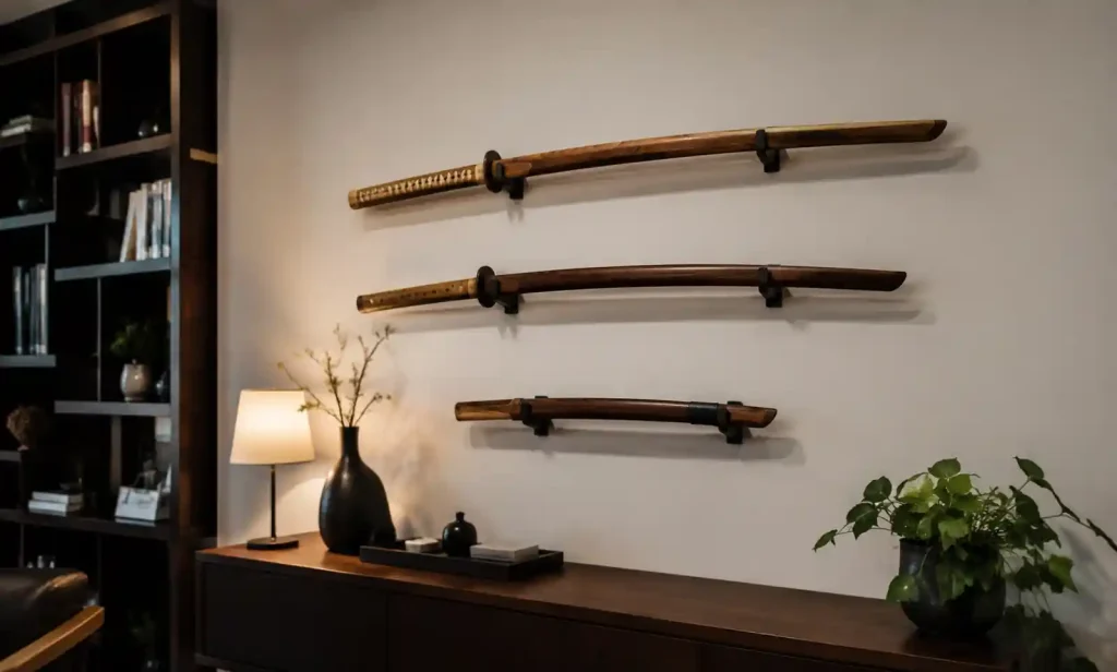 Wooden swords mounted on wall in modern living room interior design setting