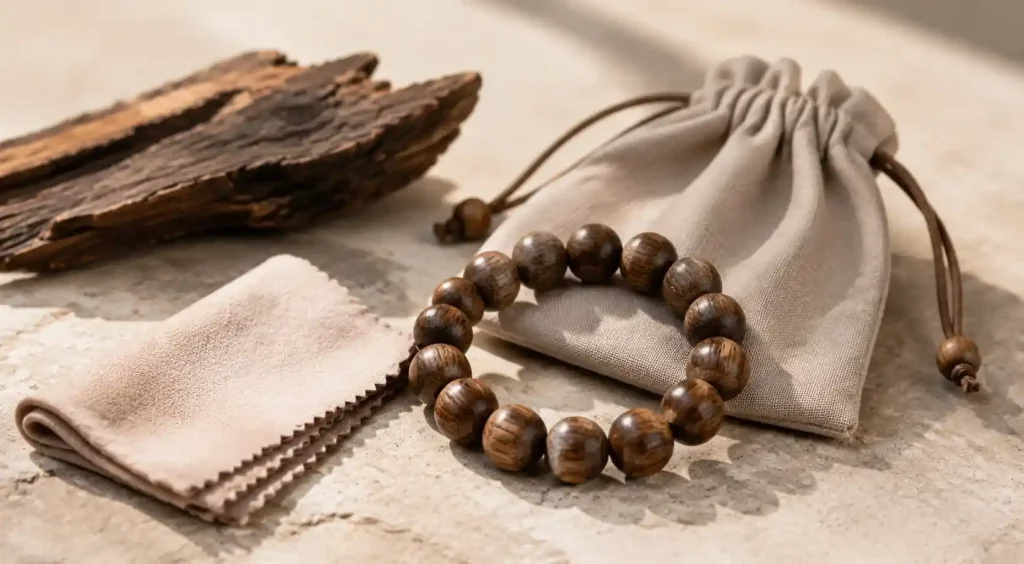 Agarwood bracelet care and storage with soft cloth and pouch