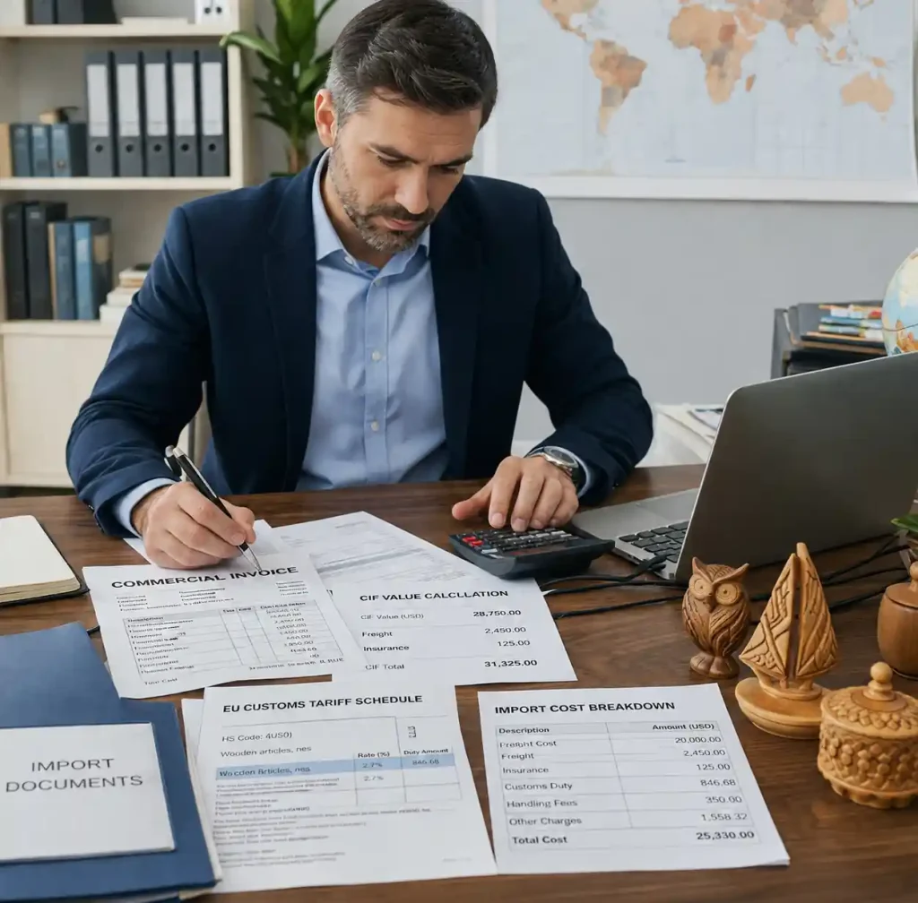 customs broker calculating import duties and VAT for wooden craft shipment into Europe