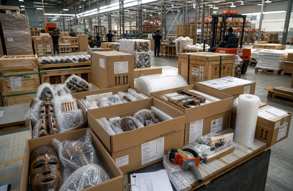 Wooden decorative items packed for wholesale export showing B2B shipping preparation and logistics