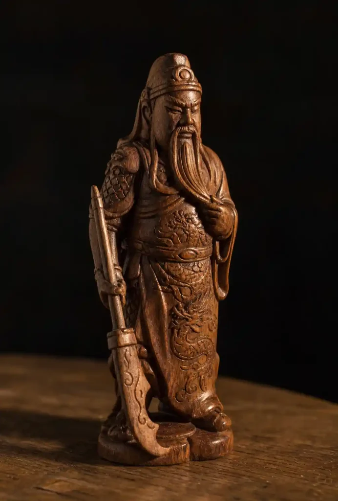Wooden figurine illuminated by desk lamp showing grain detail