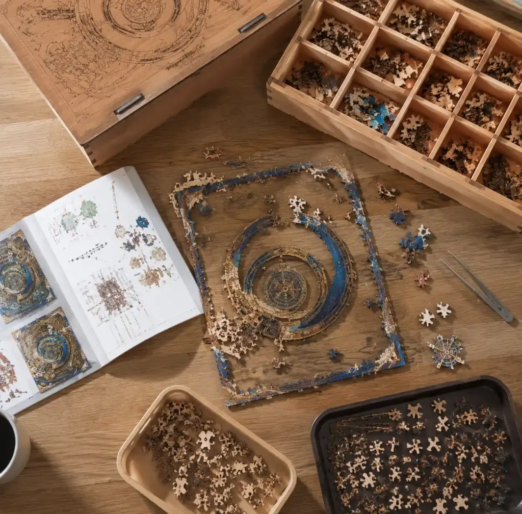 Wooden puzzle assembly process with instruction manual and organized workspace