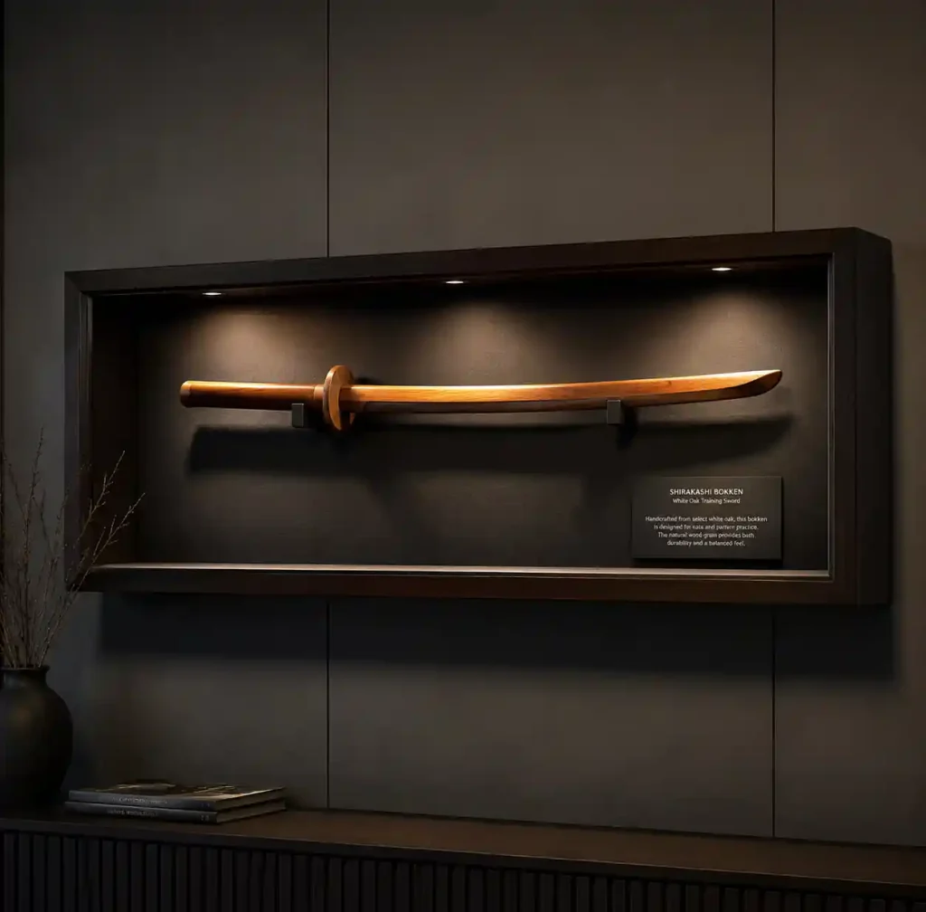 Museum-style shadow box display with wooden sword and LED accent lighting