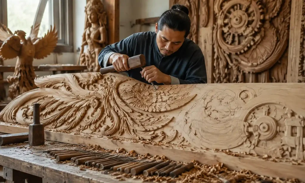 Master woodcarver working on large-scale wooden panel for hotel installation