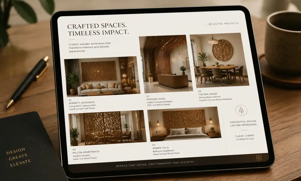 Professional interior design portfolio page featuring custom wooden ornaments