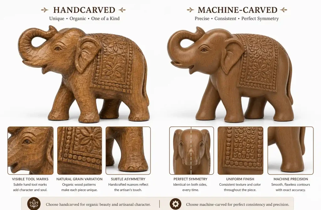 Side by side comparison of handcarved and machine-carved wooden figurines