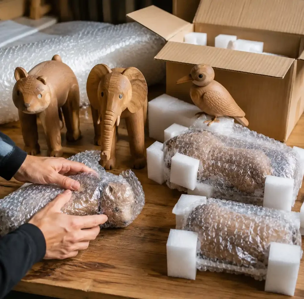 wooden sculptures carefully wrapped in bubble wrap and foam protection for international shipping