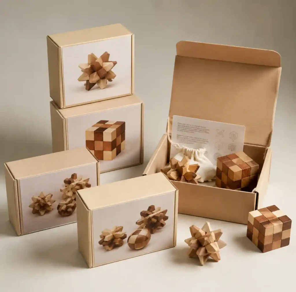 Multiple wooden puzzle kits arranged as educational gift sets for schools and learning centers