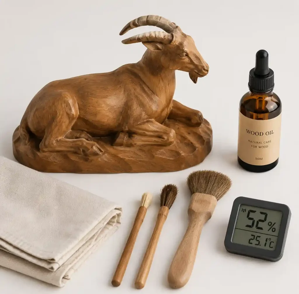 wooden animal sculpture care items including soft cloth oil and brushes