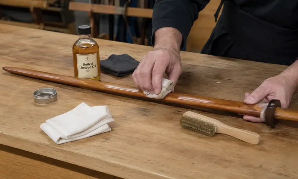 Wooden sword care showing natural wood oil application and maintenance cloth