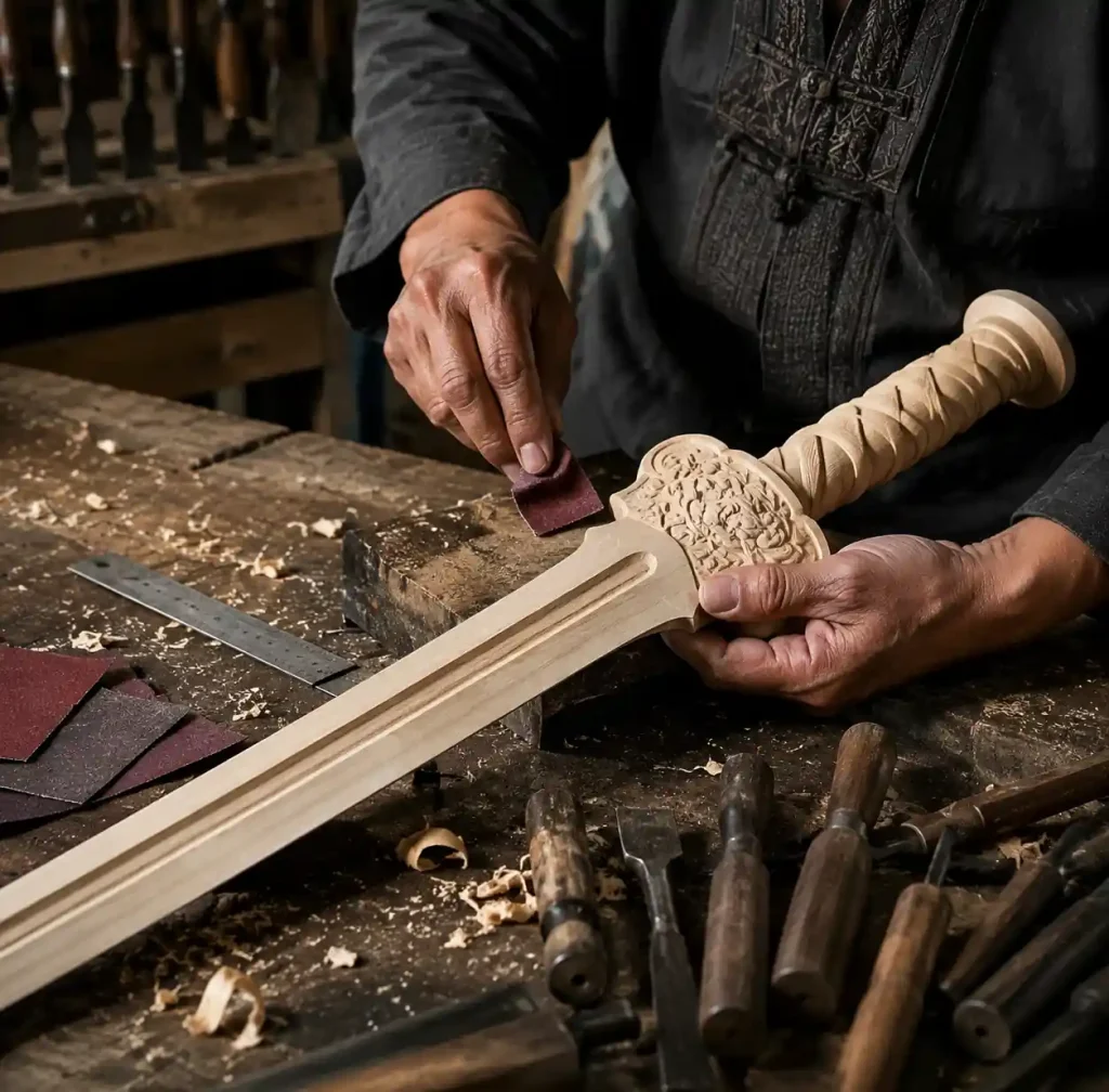 Artisan craftsman hand-carving custom wooden sword in traditional workshop