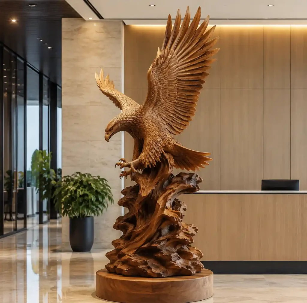 Large statement wooden sculpture in corporate reception area