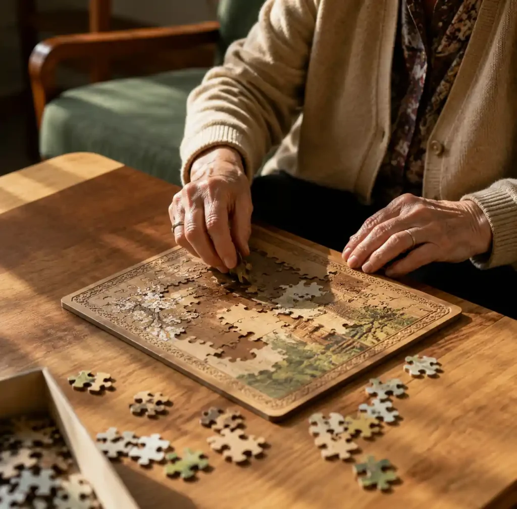 Senior adult engaged with wooden puzzle for cognitive therapy and stress relief