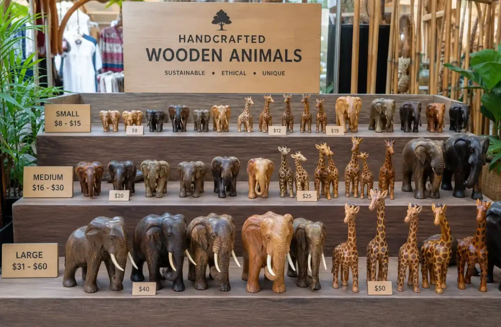 Wooden animal figurines with pricing displayed in retail or market setting showing various price tiers